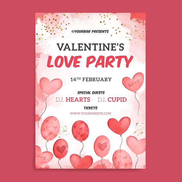 Free vector watercolor valentines day party poster template