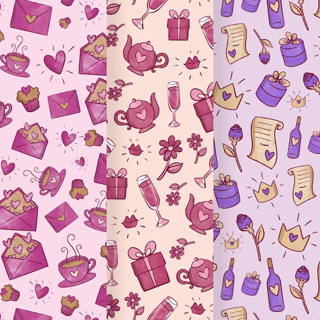 Vettore gratuito collezione di pattern di san valentino dell'acquerello