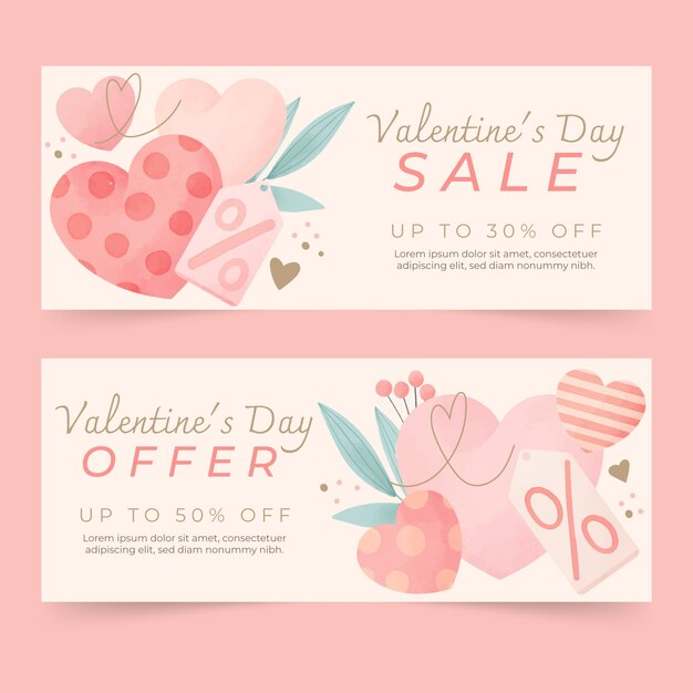 Watercolor valentines day sale horizontal banners set
