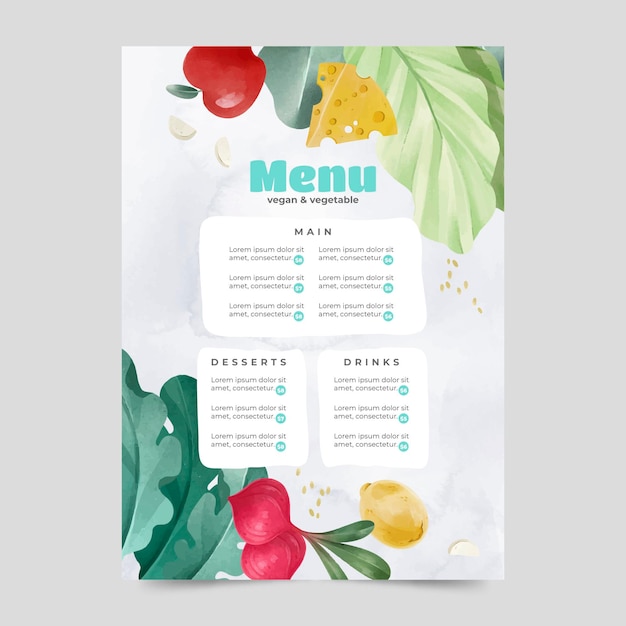 Free vector watercolor vegan and vegetarian menu