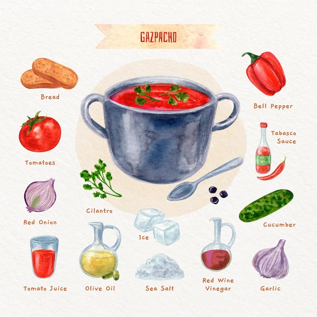 Free vector watercolor vegetarian gazpacho recipe