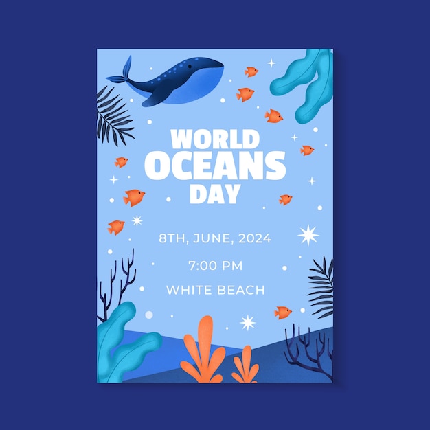 무료 벡터 세계 해양의 날 축하를 위한 수채화 수직 플라이어 템플릿