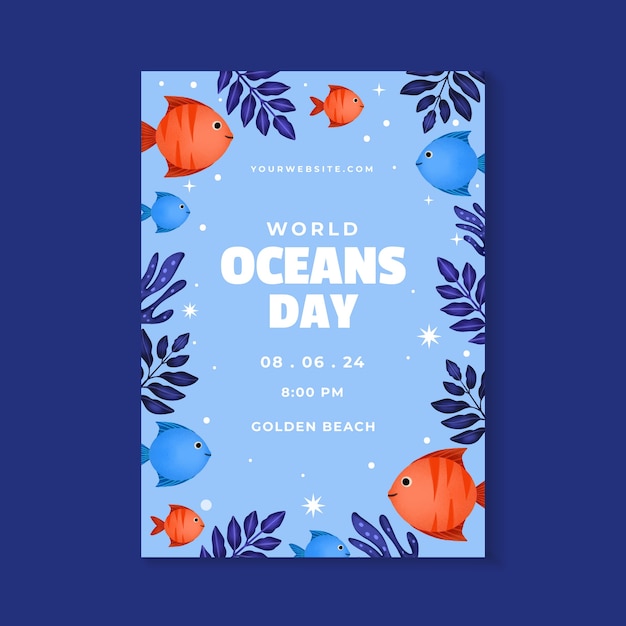 Watercolor vertical flyer template for world oceans day celebration