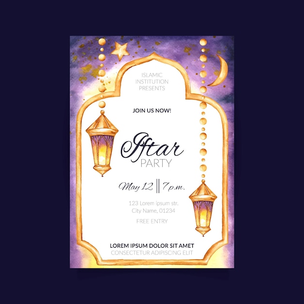 Watercolor vertical iftar poster template