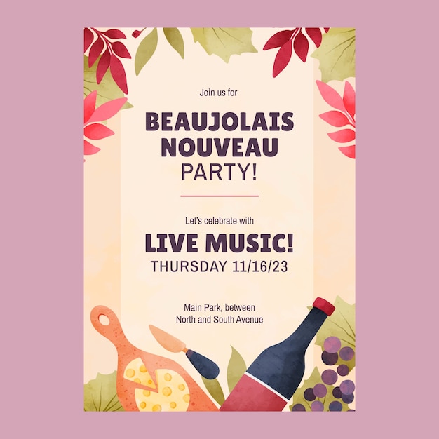 Vettore gratuito modello di poster verticale dell'acquerello per il festival beaujolais nouveau