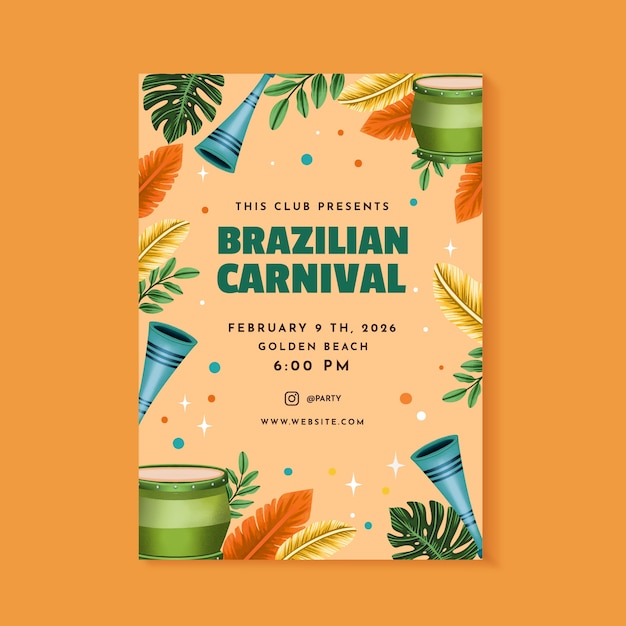 Vettore gratuito modello di poster verticale ad acquerello per la celebrazione del carnevale brasiliano