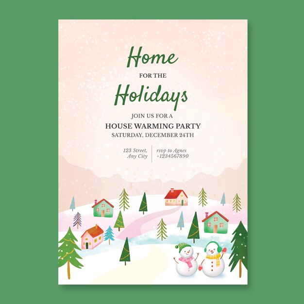 Watercolor vertical poster template for christmas season celebration with town and snowmen