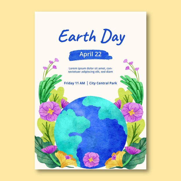 지구의 날 축하를 위한 수채화 수직 포스터 템플릿
