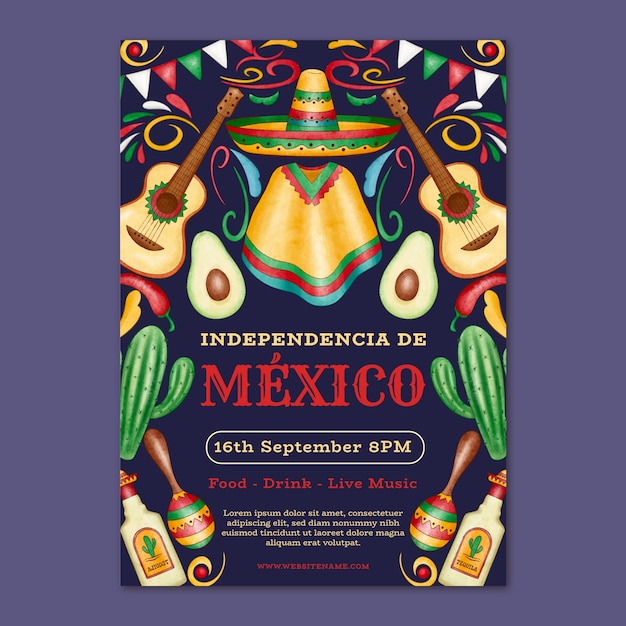 Watercolor vertical poster template for mexico independence celebration