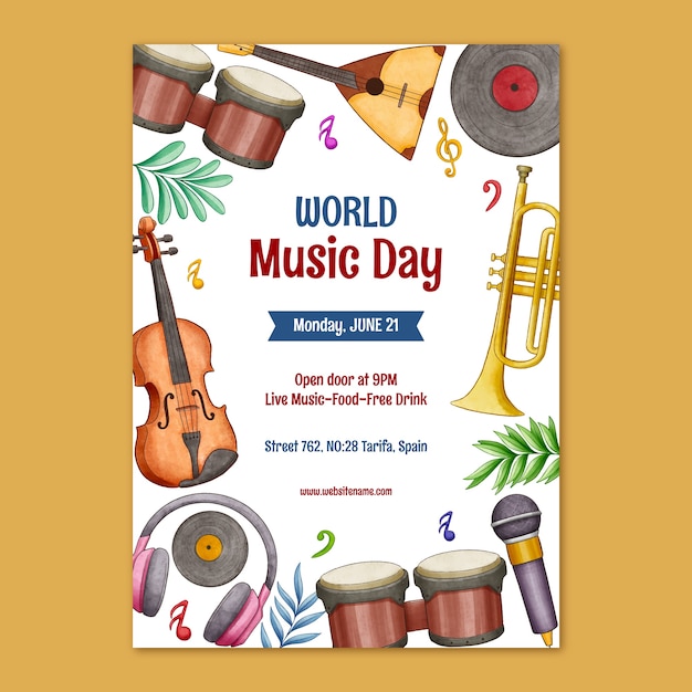 Watercolor vertical poster template for world music day celebration