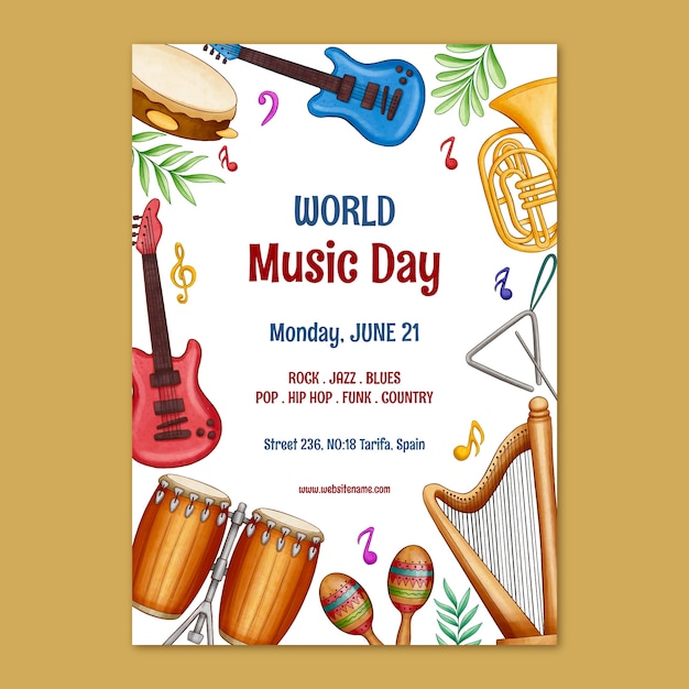 Watercolor vertical poster template for world music day celebration