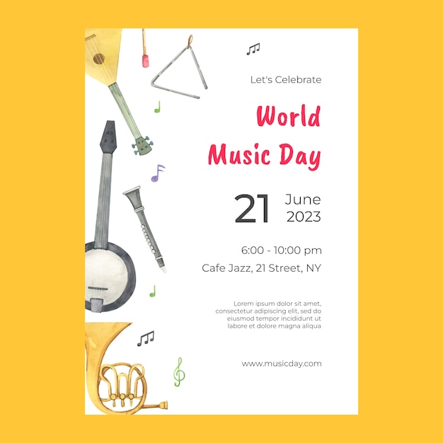 Акварельный вертикальный шаблон плаката для празднования всемирного дня музыки
