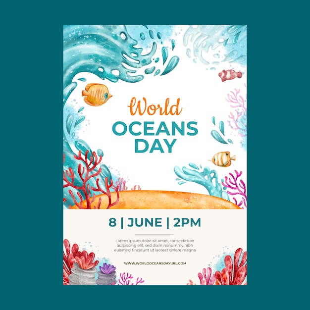 Watercolor vertical poster template for world oceans day celebration