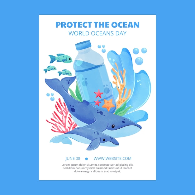 Vettore gratuito modello di poster verticale dell'acquerello per la giornata mondiale degli oceani