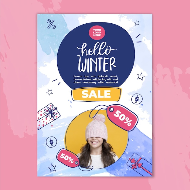 수채화 세로 겨울 판매 포스터 템플릿