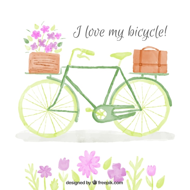 Watercolor vintage bicycle with basket and flowers background