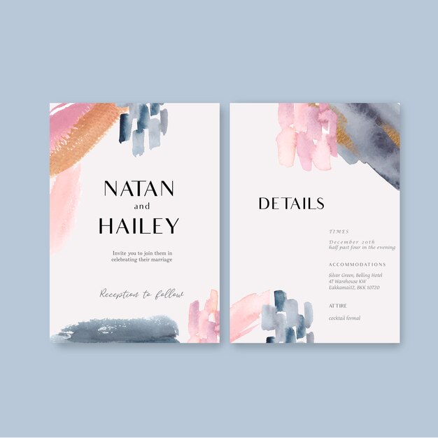 watercolor wedding card template with brushstrokes