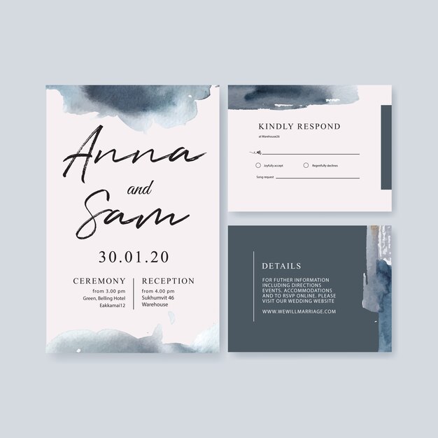 watercolor wedding card template with brushstrokes