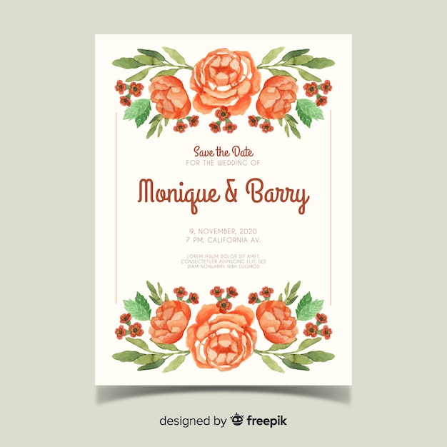 Watercolor wedding card template with flowers