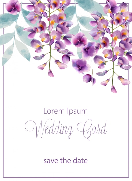 Watercolor wedding card with lilac flowers and leaves. place for text