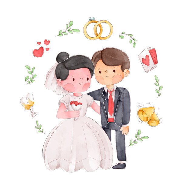 Watercolor wedding couple illustration with frame