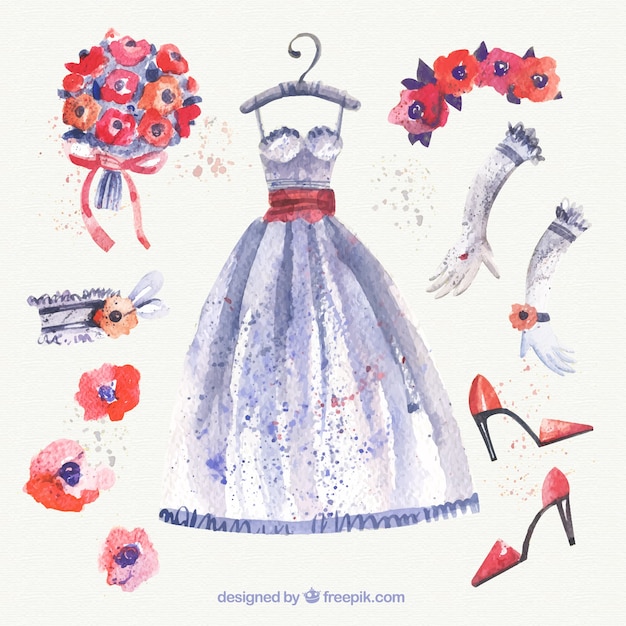 Watercolor wedding dress and accessories