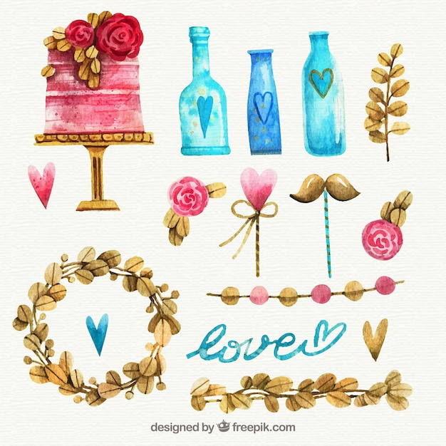 Free vector watercolor wedding elements collection