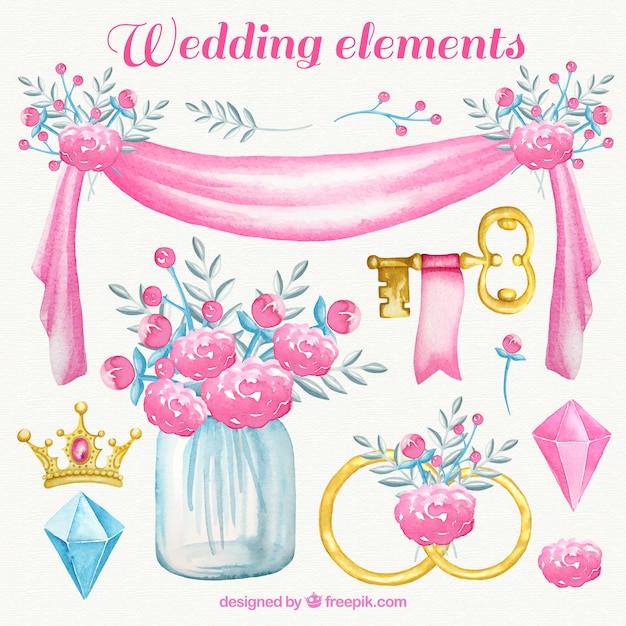 ピンクの色調で水彩画の結婚式の要素