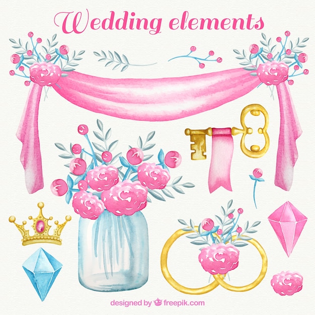 Watercolor wedding elements in pink tones