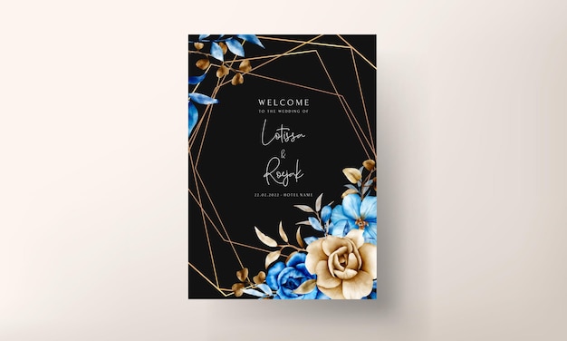 青と茶色の花の水彩結婚式の招待状のテンプレート