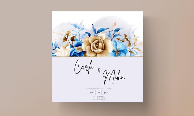 Watercolor wedding invitation template with blue and brown floral