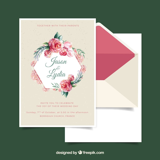 花のスタイルと水彩の結婚式の招待状のテンプレート
