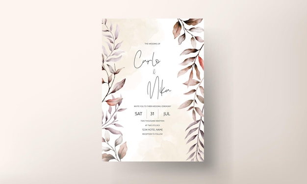 Watercolor wedding invitation with beautiful dusty brown leaves