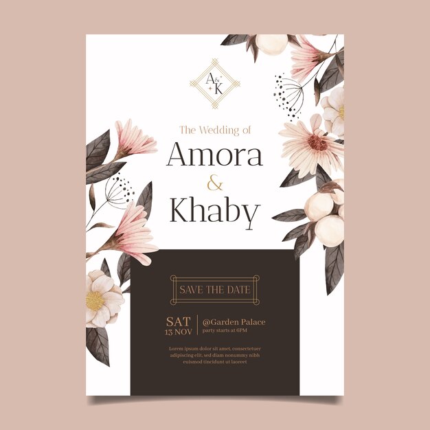 Watercolor wedding invitation with flowers template