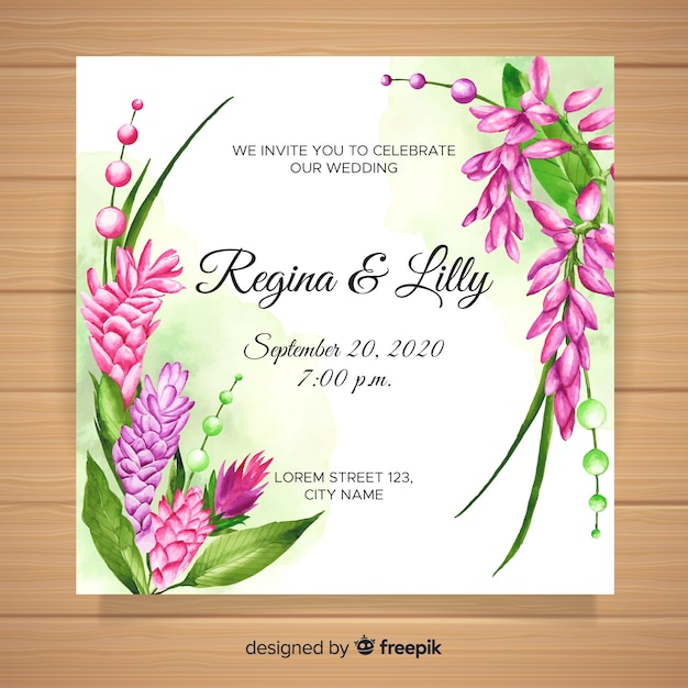 Watercolor wedding invitation with tropical flowers