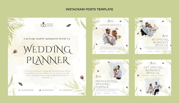 Free vector watercolor wedding planner instagram posts collection