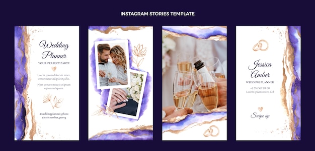 Vettore gratuito collezione di storie di instagram di wedding planner dell'acquerello