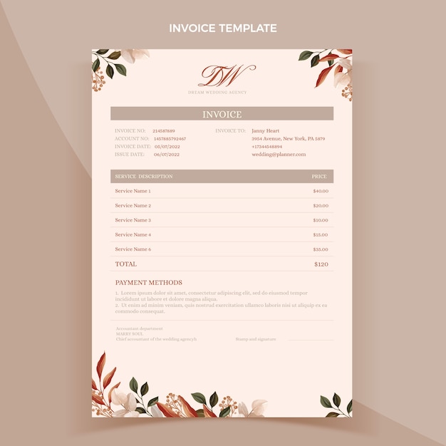 Watercolor wedding planner invoice