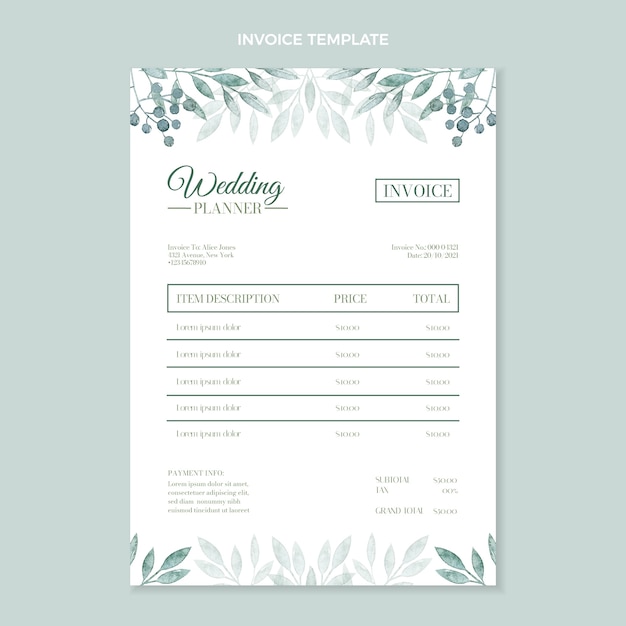 Free vector watercolor wedding planner invoice