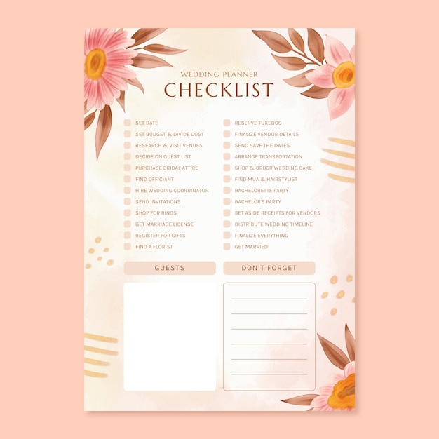 Бесплатное векторное изображение Шаблон контрольного списка для планирования свадьбы акварелью