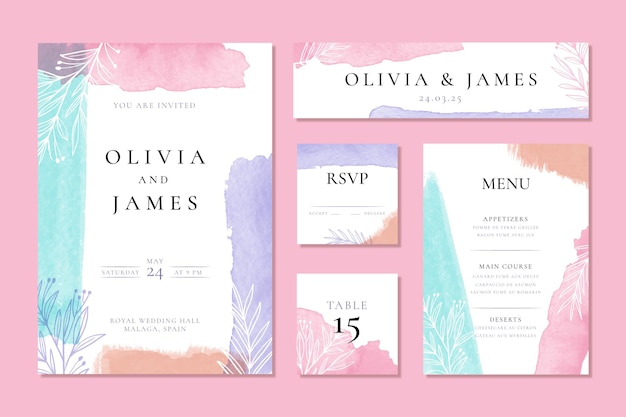 Free vector watercolor wedding stationery poster and cards