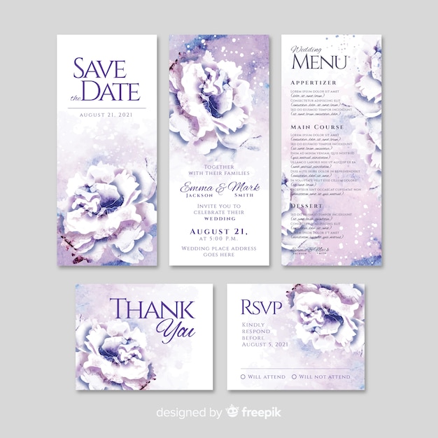 Watercolor wedding stationery template collection 