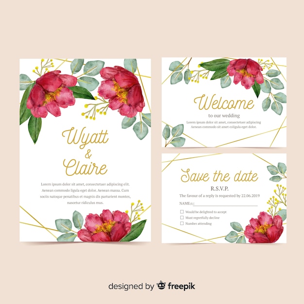 Watercolor wedding stationery template set