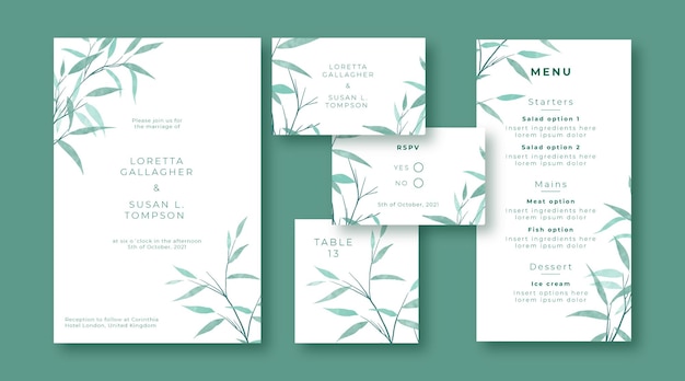 Free vector watercolor wedding templates stationery set design