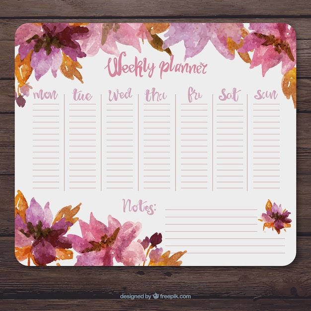 Watercolor weekly planner with pink flowers