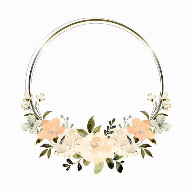 Free vector watercolor white peach floral wreath with gold circle