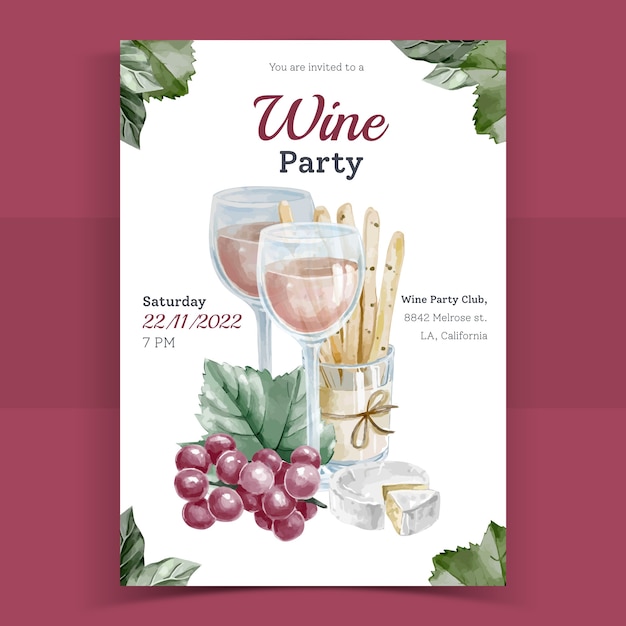 Free vector watercolor wine party invitation template