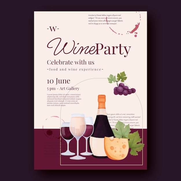Free vector watercolor wine party invitation template