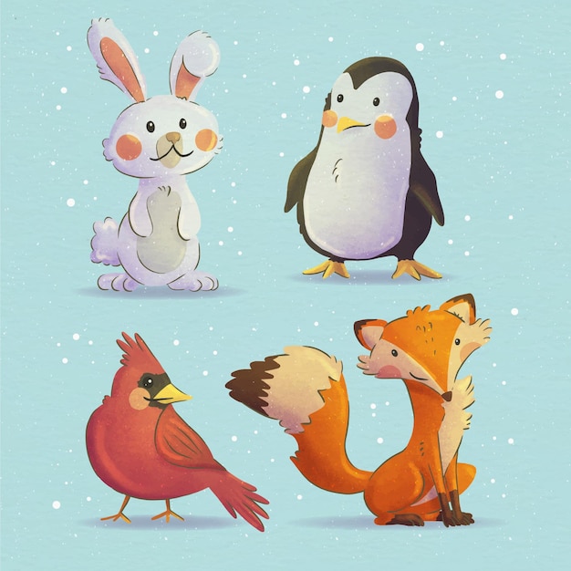 Watercolor winter animals collection