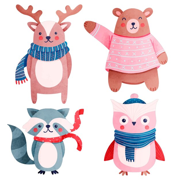 Free vector watercolor winter animals collection